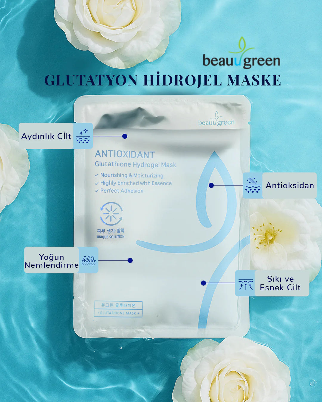 Beauugreen Antioksidan Glutatyon Hidrojel Maske | 1 adet | Korean Cosmetics - Glutathione Hydrogel Mask