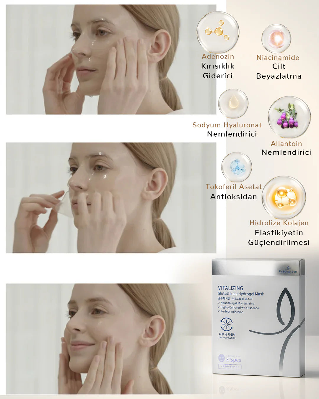 Beauugreen Antioksidan Glutatyon Hidrojel Maske | 5 adet | Korean Cosmetics - Glutathione Hydrogel Mask