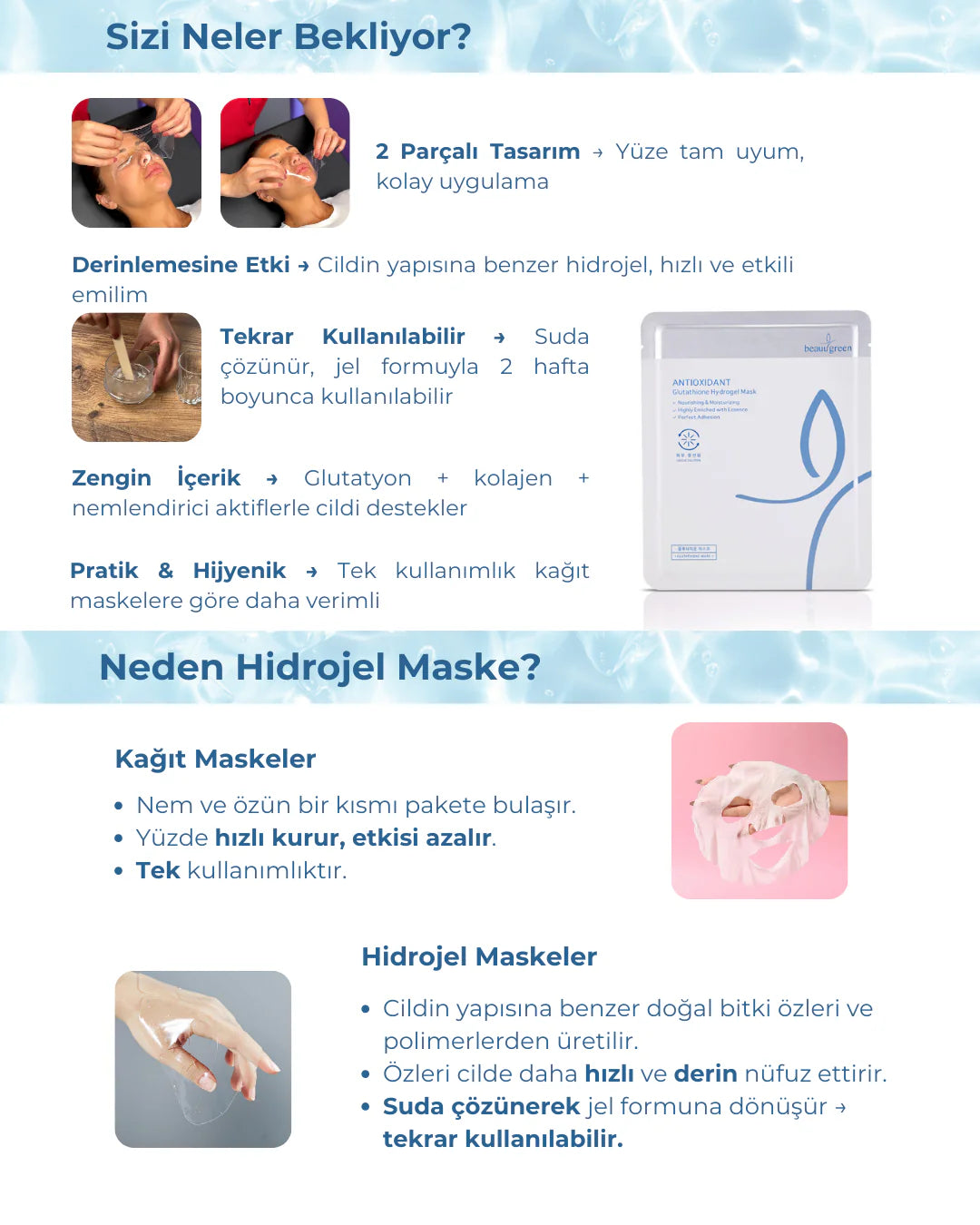 Beauugreen Antioksidan Glutatyon Hidrojel Maske | 5 adet | Korean Cosmetics - Glutathione Hydrogel Mask